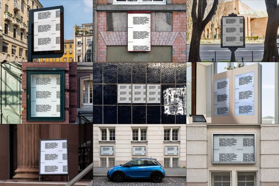 Collection of urban poster mockups in various outdoor settings, ideal for street level advertising and design showcasing for designers.